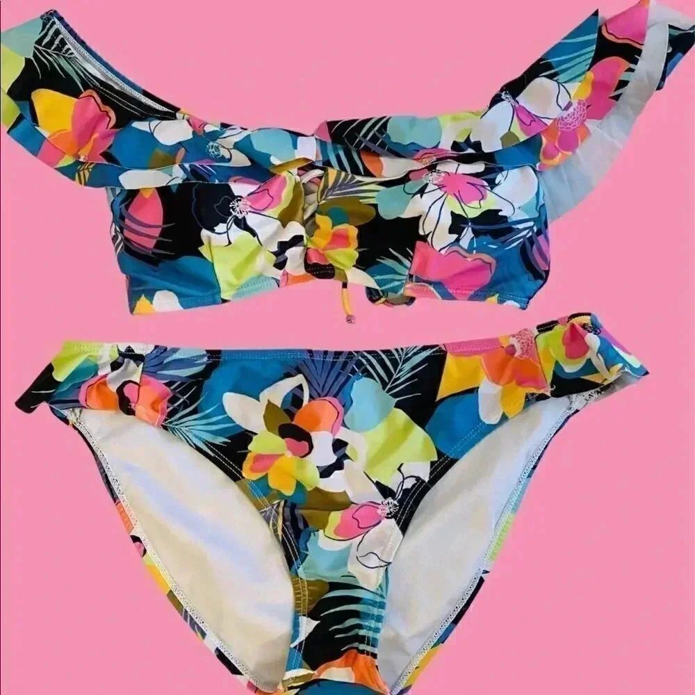Off the shoulder tropical pattern ruffle  bikini